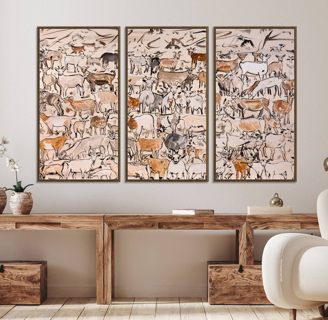 Framed Goat Herd Wall Art in minimal brush strokes on a beige backdrop, ideal for farmhouse or cabin decor.