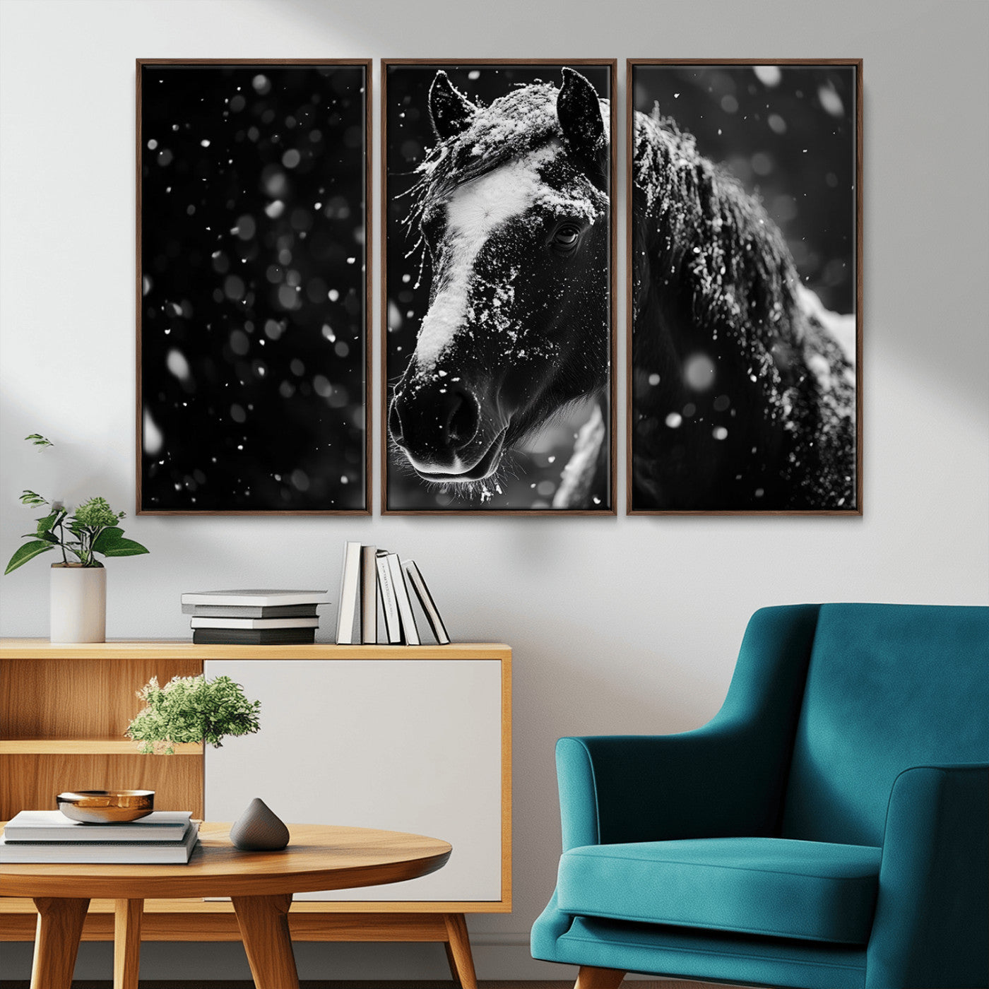MGV-FC-48X32-3P - Winter Horse Wall Art | Black and White Horse Print | Ready to Hang and Framed | Farmhouse Wall Art