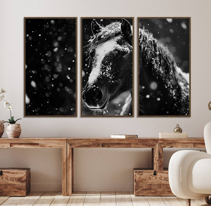 The Winter Horse Wall Art showcases a gentle horse print with snowflakes, ideal for rustic farmhouse or cabin decor.