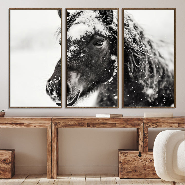 The wall art is a Black and White Horse piece, framed and ready to hang.