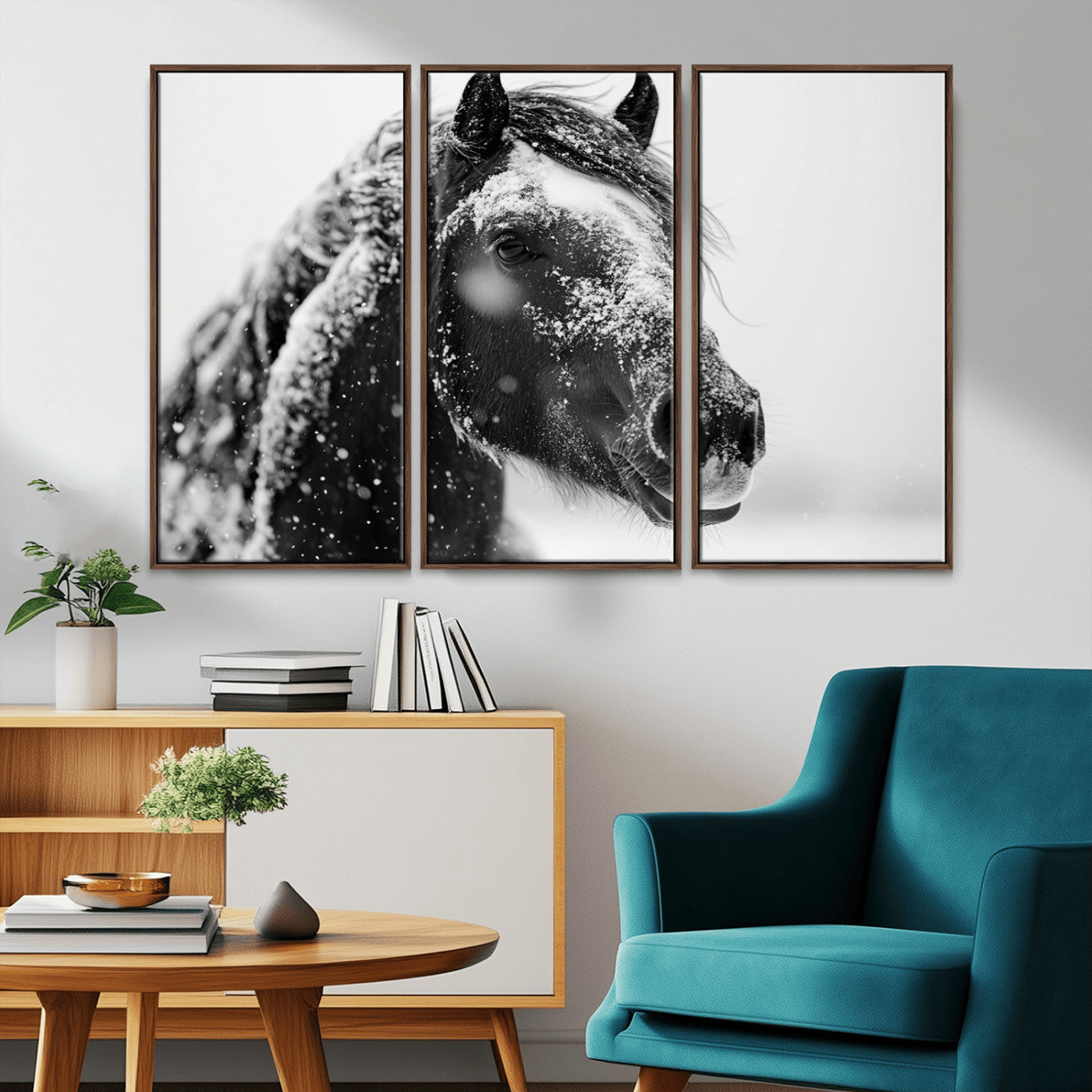 MGV-FC-48X32-3P - Winter Horse Canvas Print | Large 3-Panel Black White Equine Photography for Rustic Farmhouse Wall