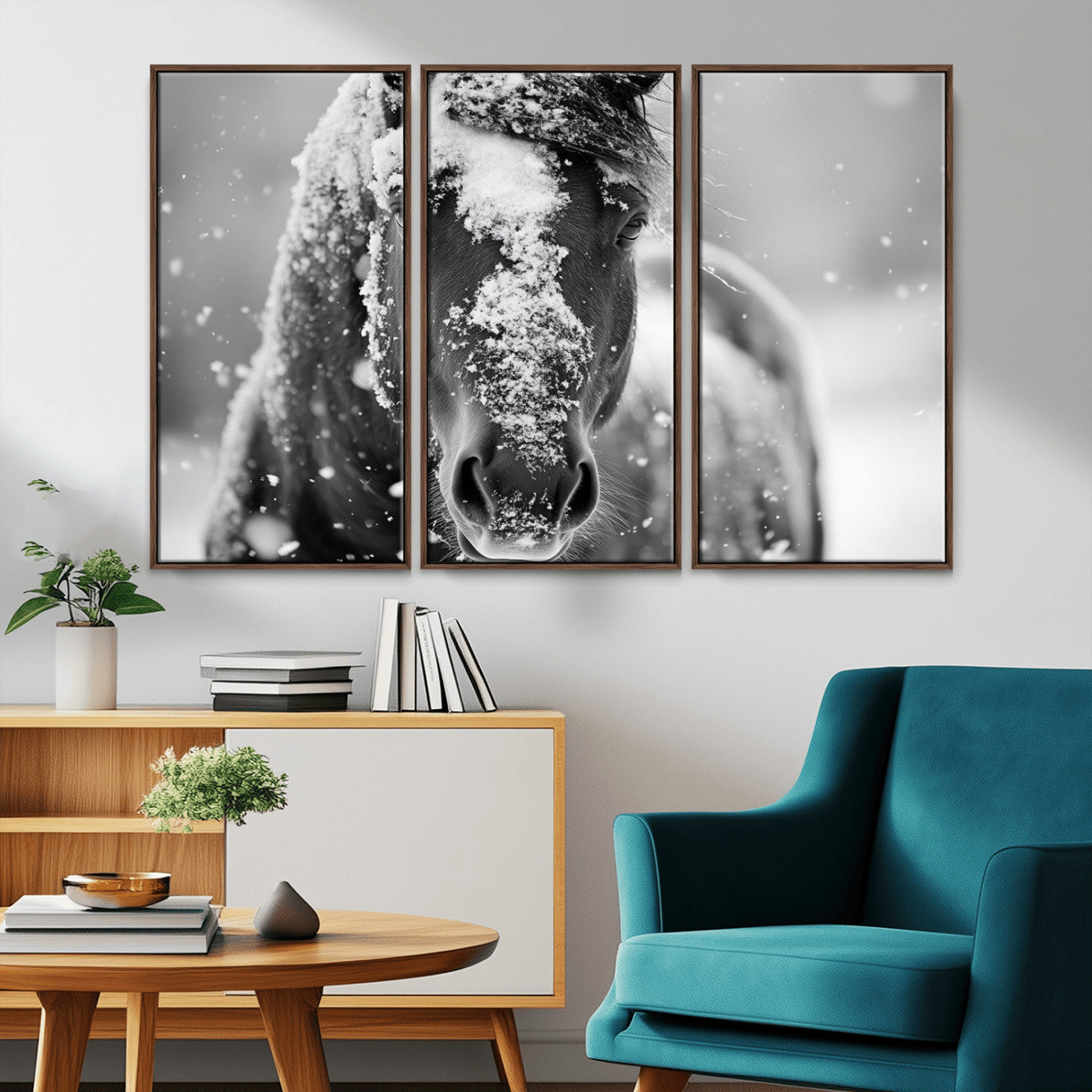 MGV-FC-48X32-3P - Black and White Horse Winter Wall Art | Ready to Hang and Framed | Farmhouse Wall Decor | Western