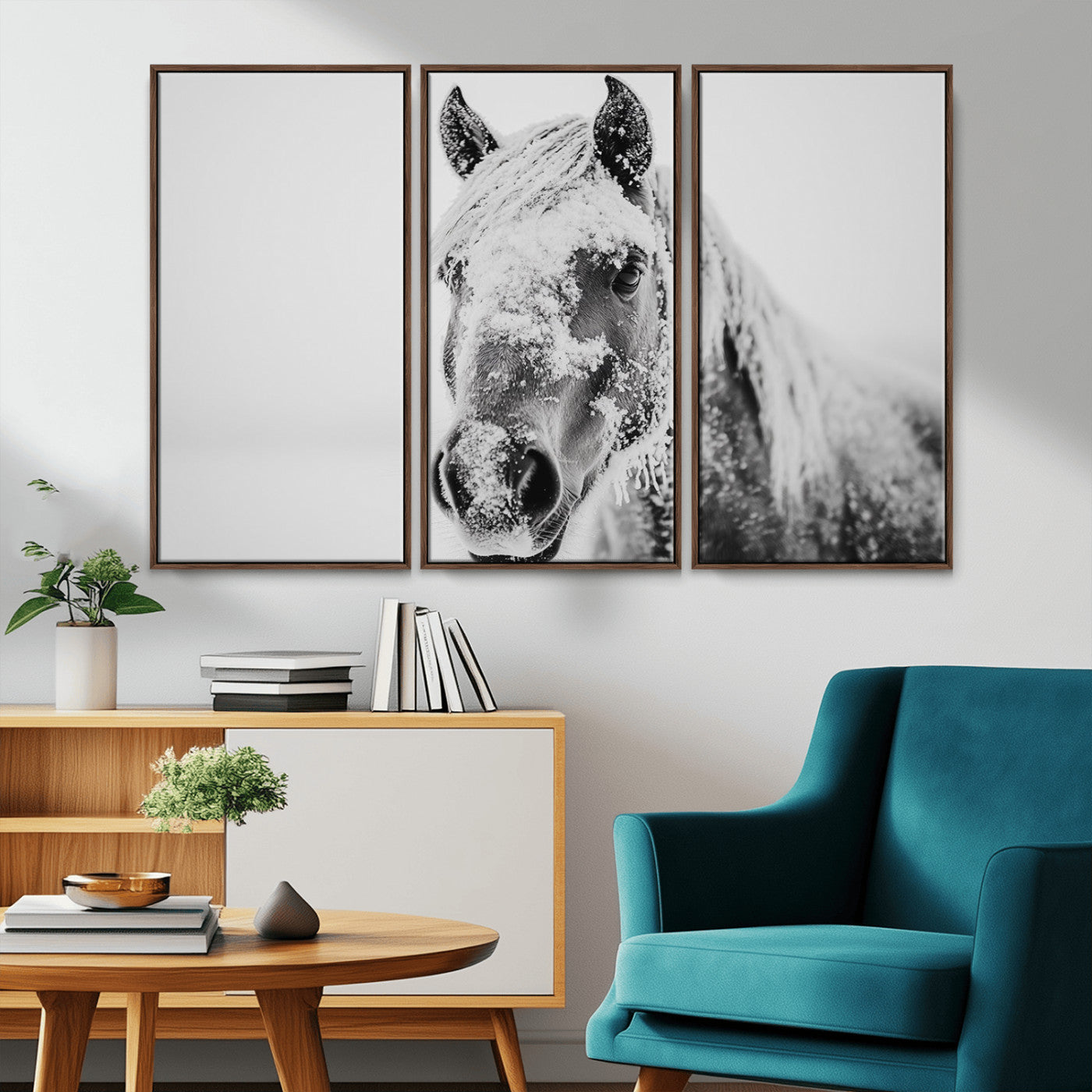 MGV-FC-48X32-3P - White Horse Wall Art | Ready to Hang and Framed | Winter Horse Wall Art Print for Farmhouse and