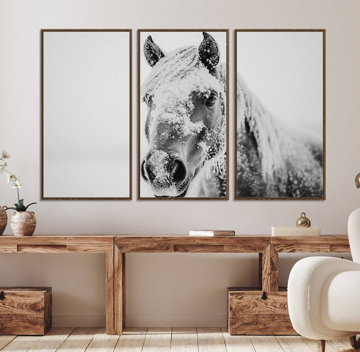 White Horse Wall Art: A black and white photo of a snow-covered horse, framed and ready to hang for farmhouse decor.