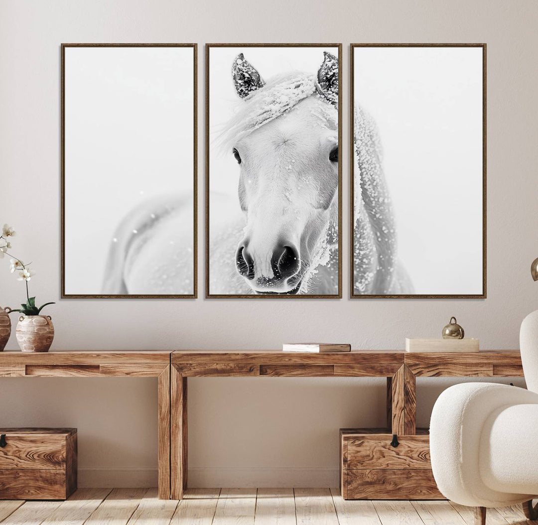 The dining room features the Majestic White Horse Wall Art, adding to its rustic charm.