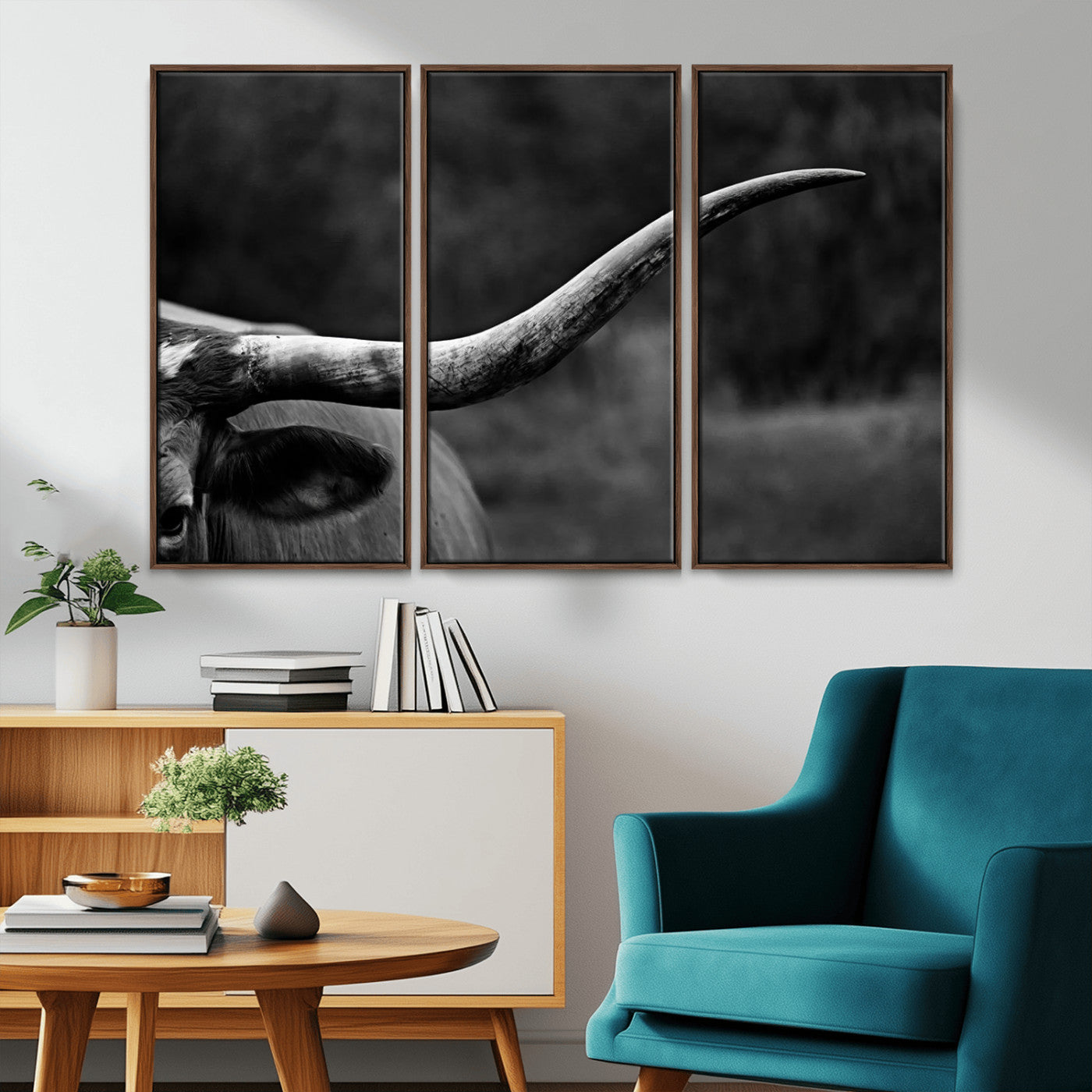 MGV-FC-48X32-3P - Cow Longhorn Wall Art | Black and White Print | Ready to Hang and Framed | Farmhouse Wall Decor |