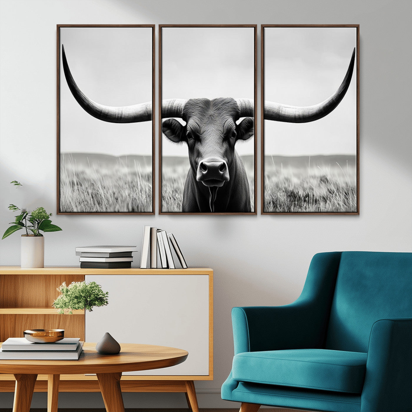 -Longhorn Bull Canvas Print | Rustic Farmhouse Wall Art | Western Decor | Ready to Hang and Framed