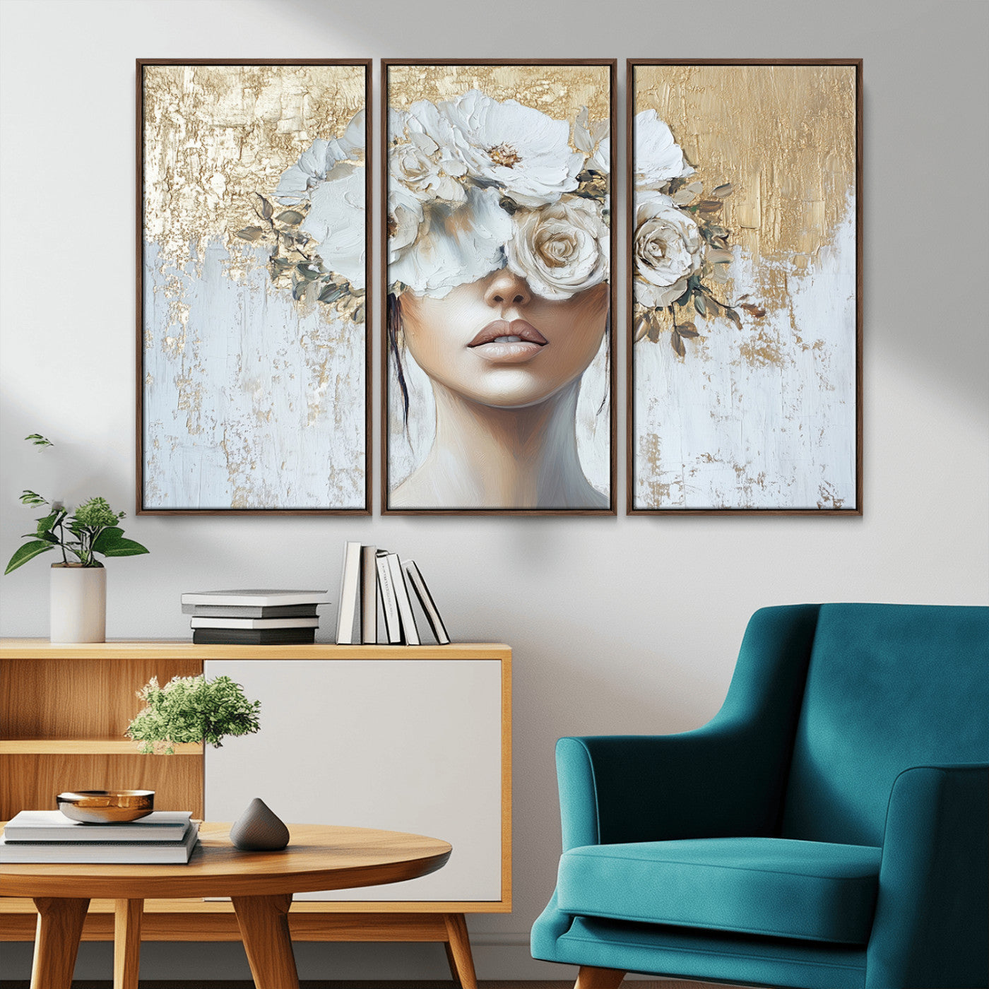 MGV-FC-48X32-3P - Golden Petal Wall Art - Canvas Print Flower Head Woman Painting Floral Woman Portrait Wall Decor,