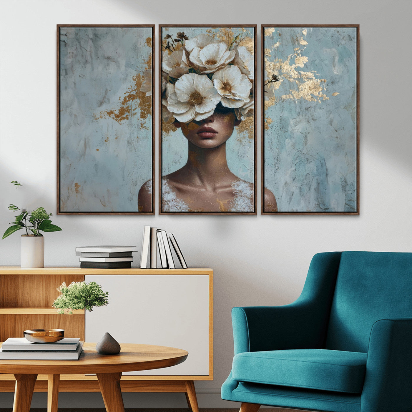 MGV-FC-48X32-3P - Golden Petal Wall Art - Petal Silhouette Woman Wall Art Canvas Print | Large 3-Panel Canvas with