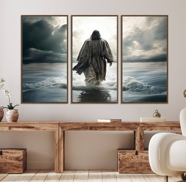 A canvas wall art depicting a figure walking on water beneath dramatic clouds, designed as inspirational religious imagery and ready to hang.