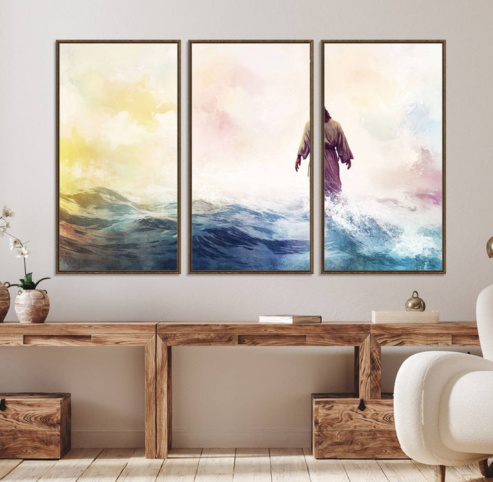 A robed figure strides on water in gentle waves, evoking the Watercolor Jesus Walking on Water canvas art.