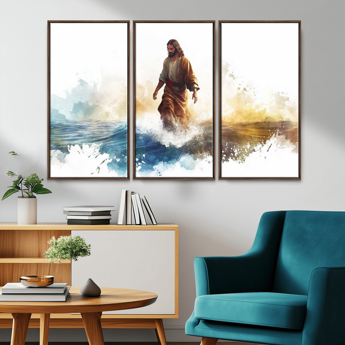 MGV-FC-48X32-3P - Watercolor Jesus Walking Wall Art Print, Jesus Water Canvas Print, Christian Wall Art, Jesus Christ