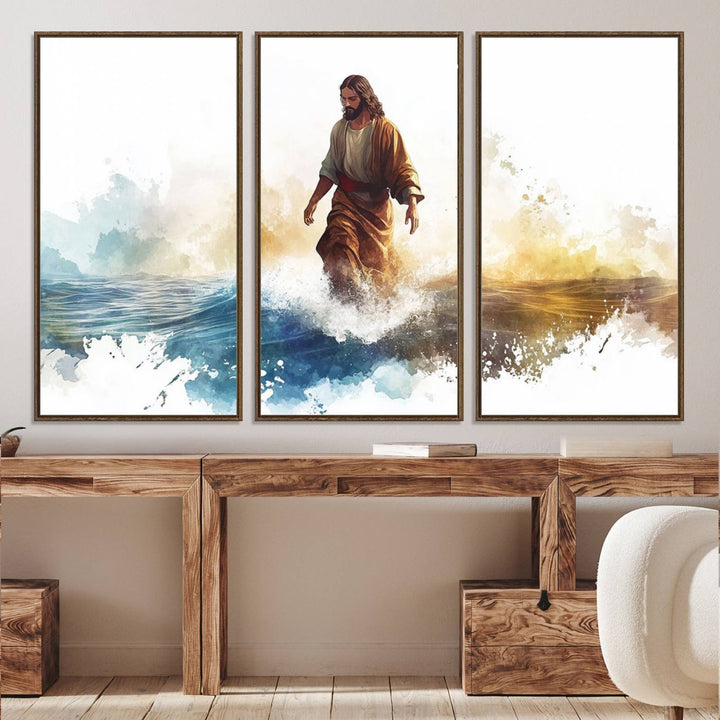 This watercolor canvas print depicts Jesus walking, characterized by abstract splashes against a serene background. It serves as a beautiful piece of Christian wall art.