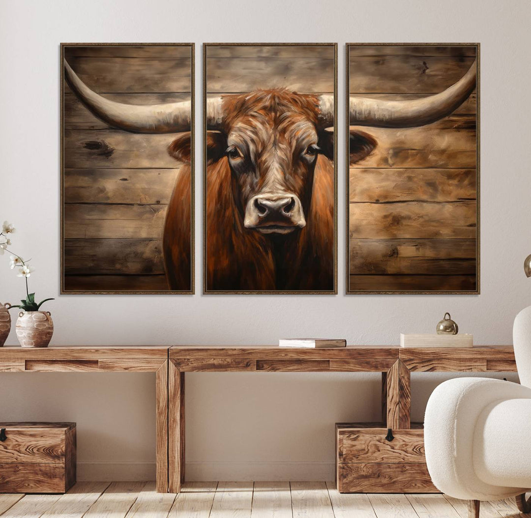 Longhorn Bull Canvas Print: Rustic Farmhouse Decor, Ready to Hang Western Barn Art.