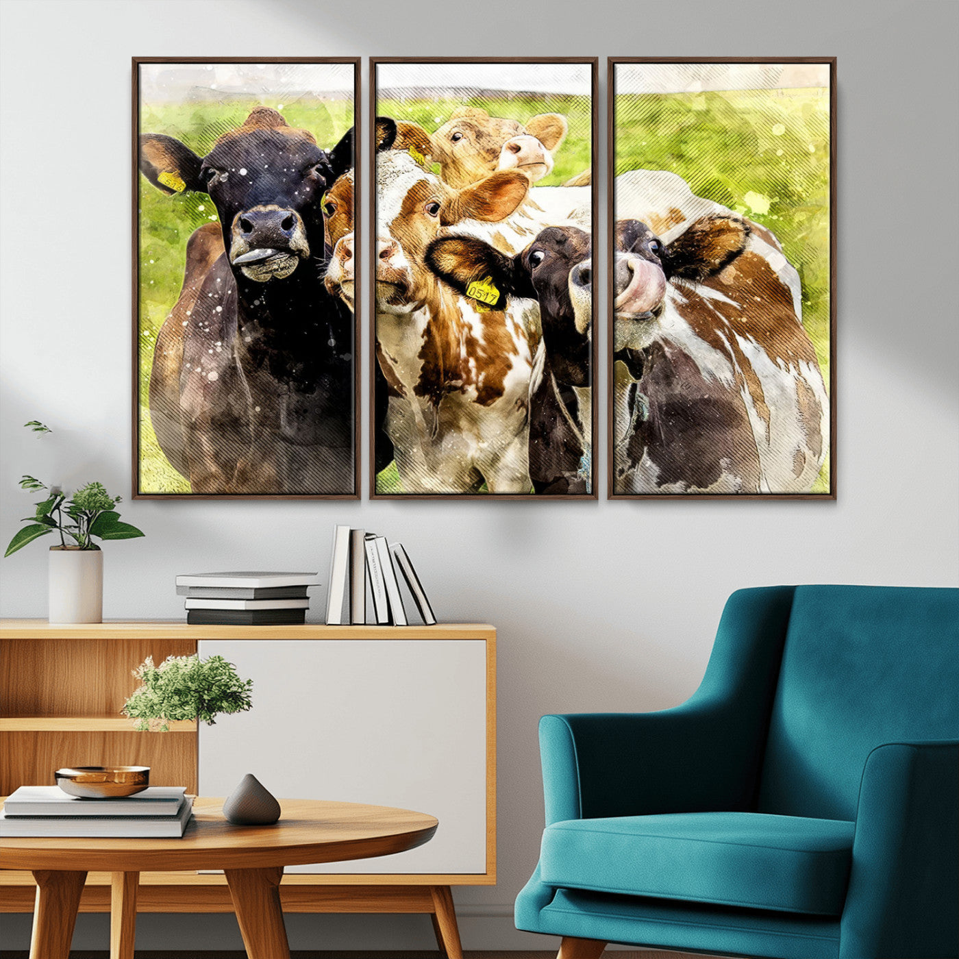 MGV-FC-48X32-3P - Curious Cows Farmhouse Wall Art | Ready to Hang and Framed Canvas Print | Rustic Farm Decor