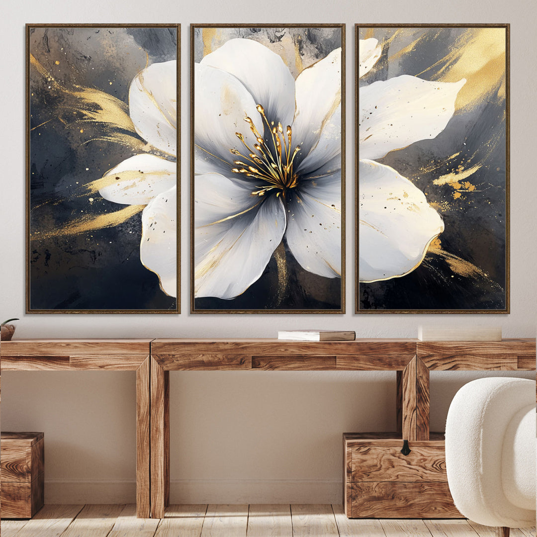 White Flower Wall Art | Canvas Print | Ready to Hang | Abstract Floral Wall Decor | Elegant Bloom Artwork | Framed for Living Room or Bedroom