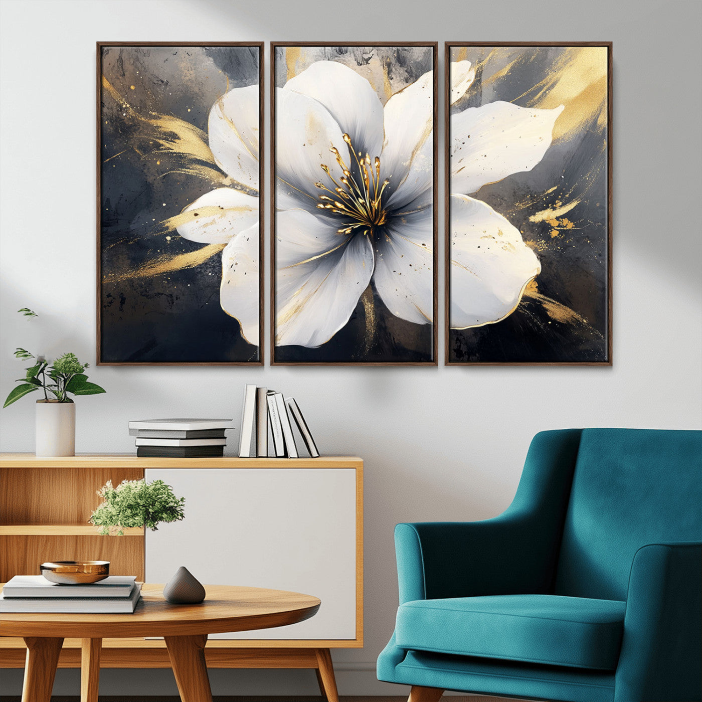 MGV-FC-48X32-3P - White Flower Wall Art Canvas Print | Ready to Hang | Abstract Floral Wall Decor | Elegant Bloom