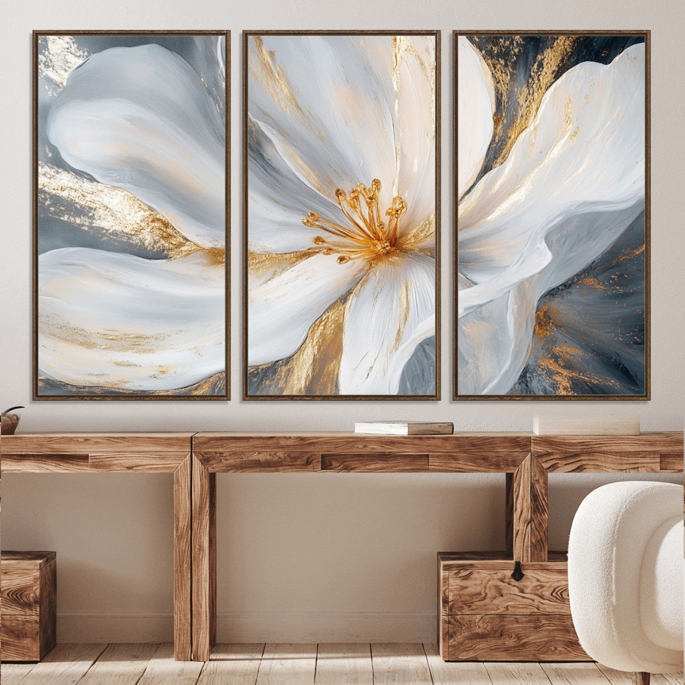 83149-MGV-CV-36X24-White and Gold Floral Canvas Wall Art - Framed and Ready to Hang - Perfect for Modern Living Rooms
