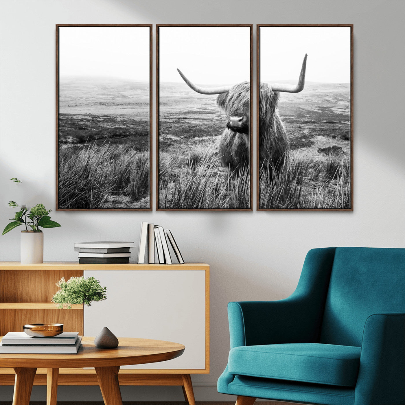 MGV-FC-48X32-3P - Scottish Highland Cow Wall Art | Black and White Canvas Print | Ready to Hang and Framed | Rustic