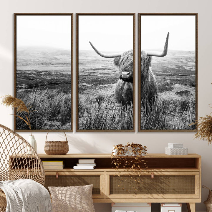 The Scottish Highland Cow black and white canvas print adds rustic farmhouse charm to any wall.