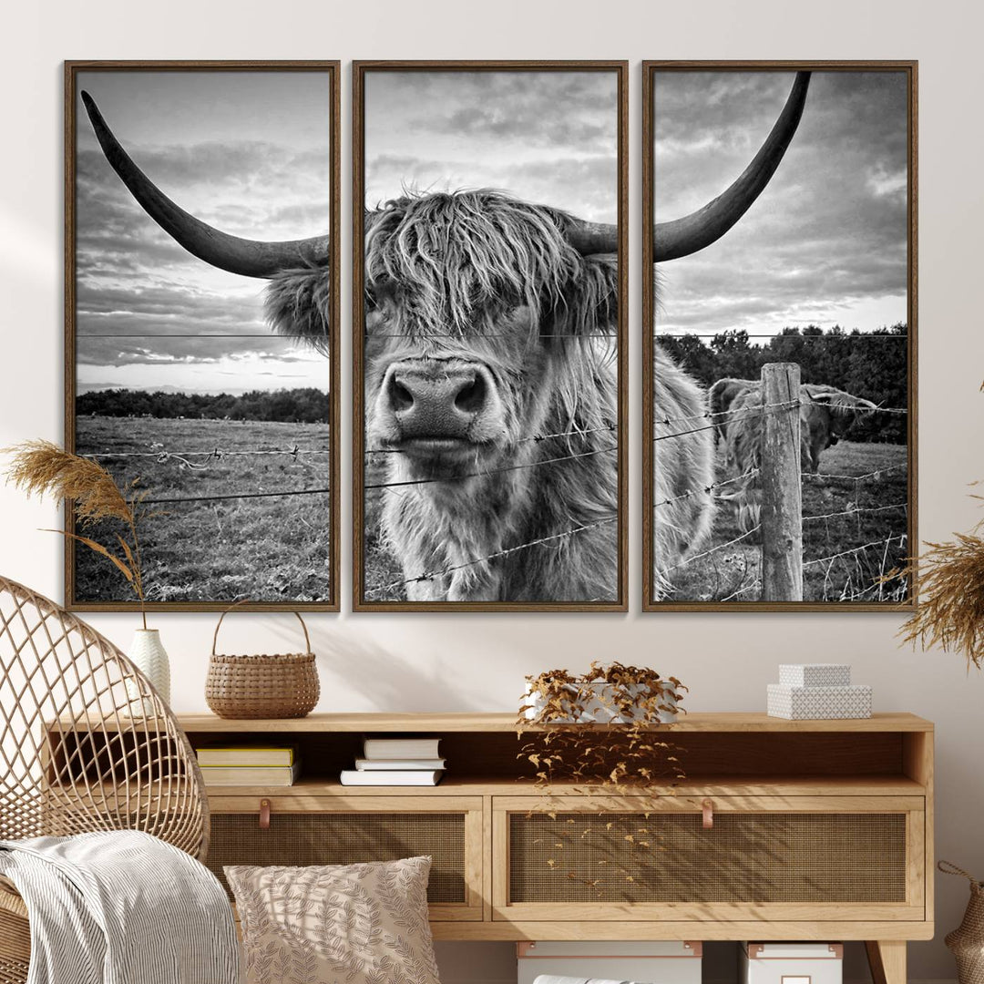 The Scottish Highland Cow Wall Art Canvas Print is ready to hang and framed, adding rustic farmhouse decor to your wall.