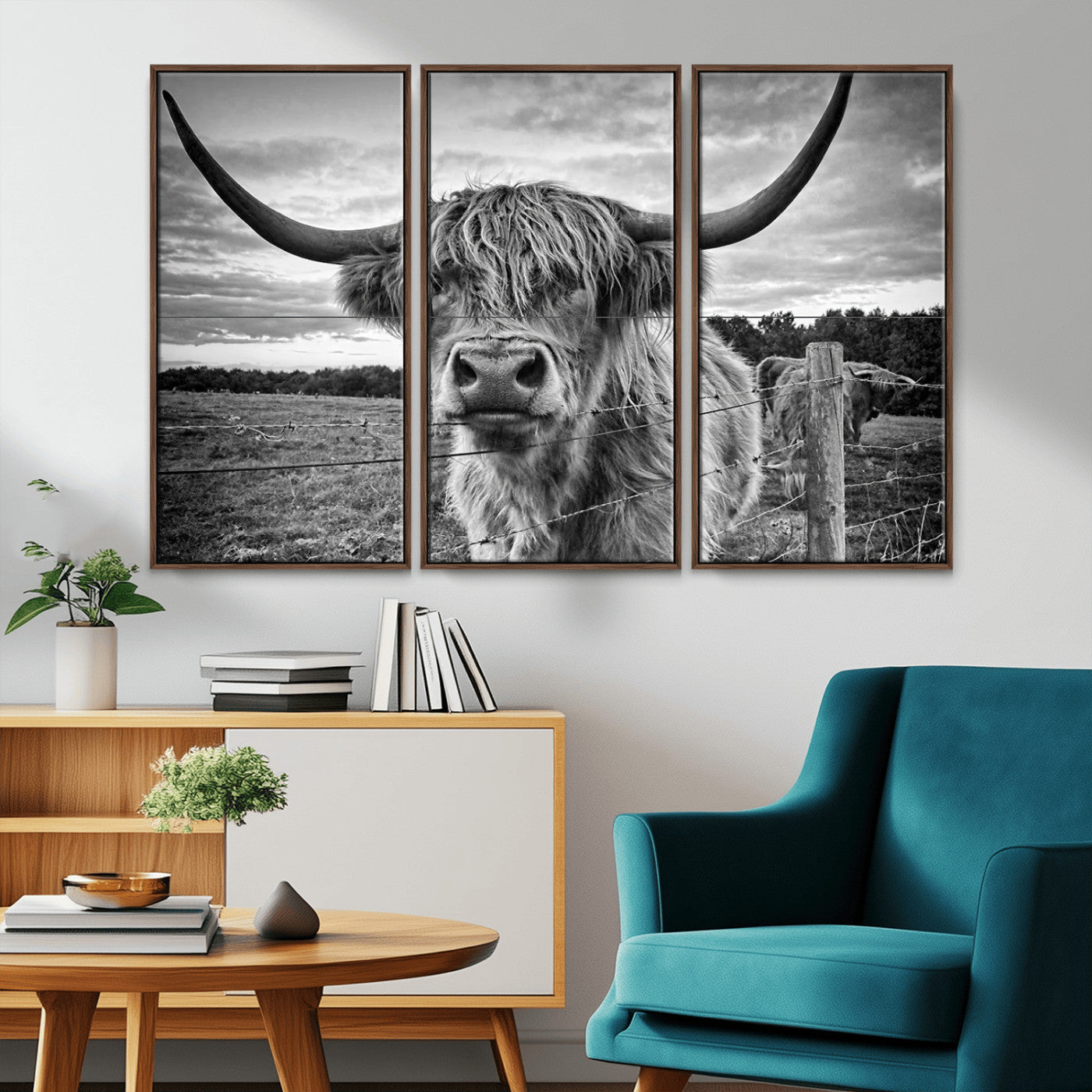MGV-FC-48X32-3P - Scottish Highland Cow Wall Art Canvas Print | Ready to Hang and Framed | Rustic Farmhouse Decor