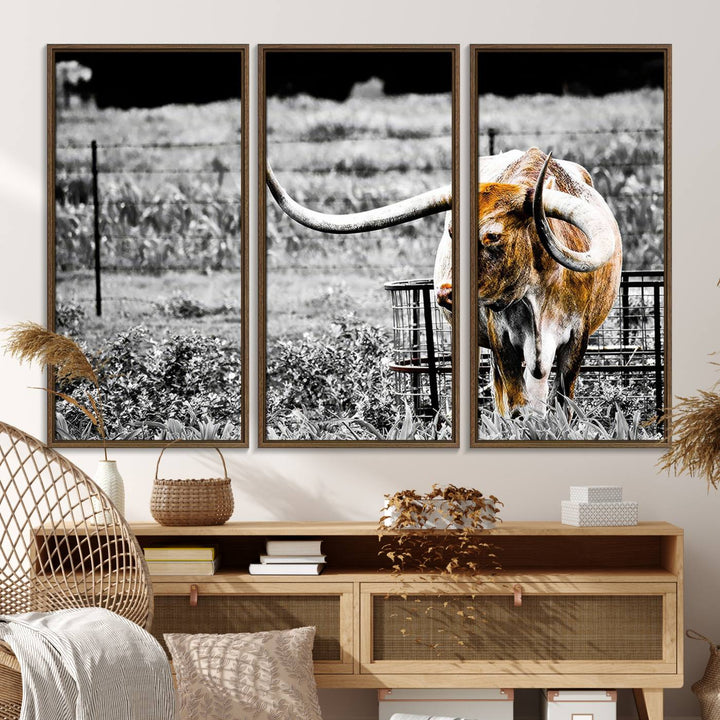 Majestic Texas Longhorn Cow Wall Art features a ready-to-hang canvas print that complements rustic farmhouse décor.