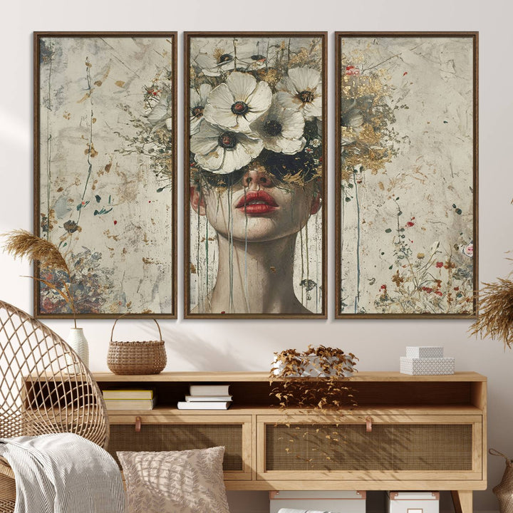 An abstract floral painting on canvas, adorned with vibrant splatters and blooming flowers.