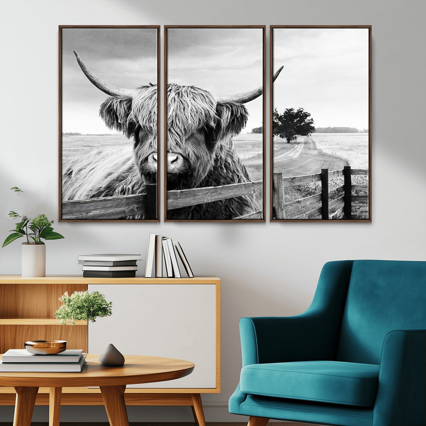MGV-FC-48X32-3P - Scottish Highland Cow Wall Art | Rustic Farmhouse Décor | Black and White Ready to Hang Canvas Print
