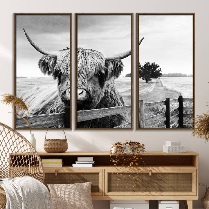 The Scottish Highland Cow Wall Art, a black and white canvas print, enhances rustic farmhouse décor.