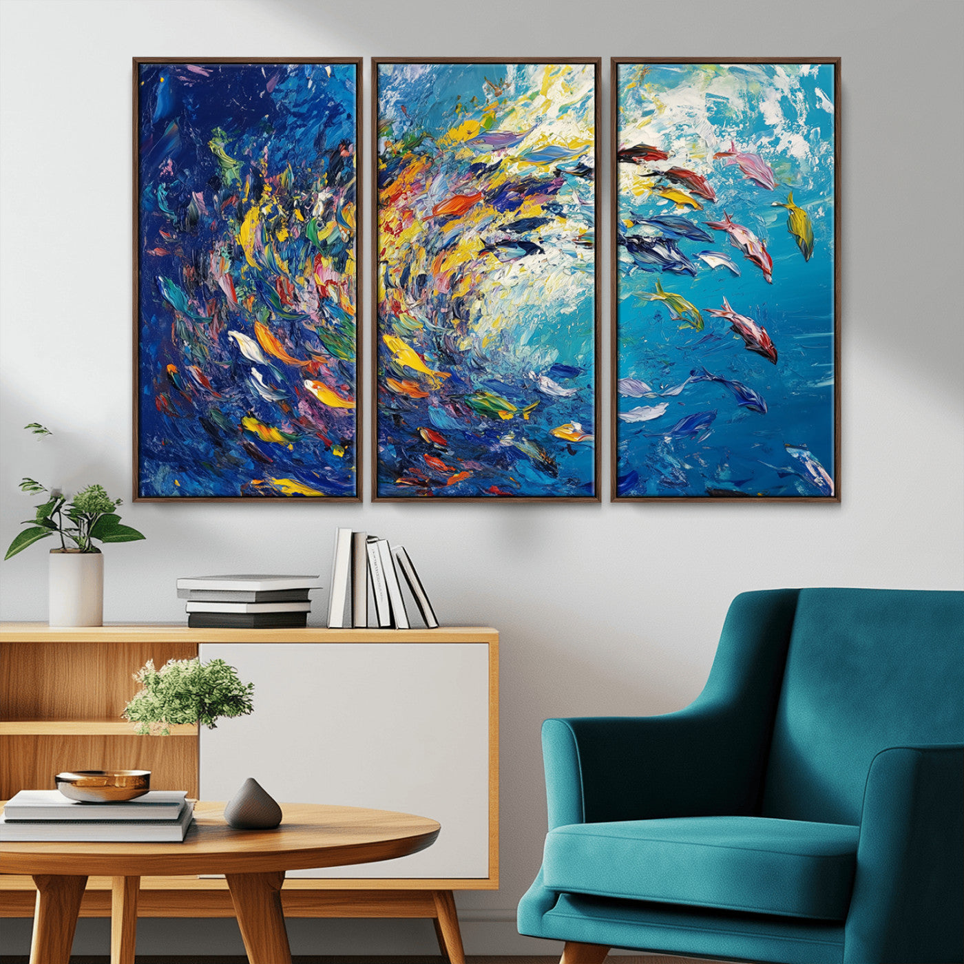MGV-FC-48X32-3P - Colorful Swirling Fish School Wall Art Canvas Print | Oceanic Abstract Painting | Ready to Hang |