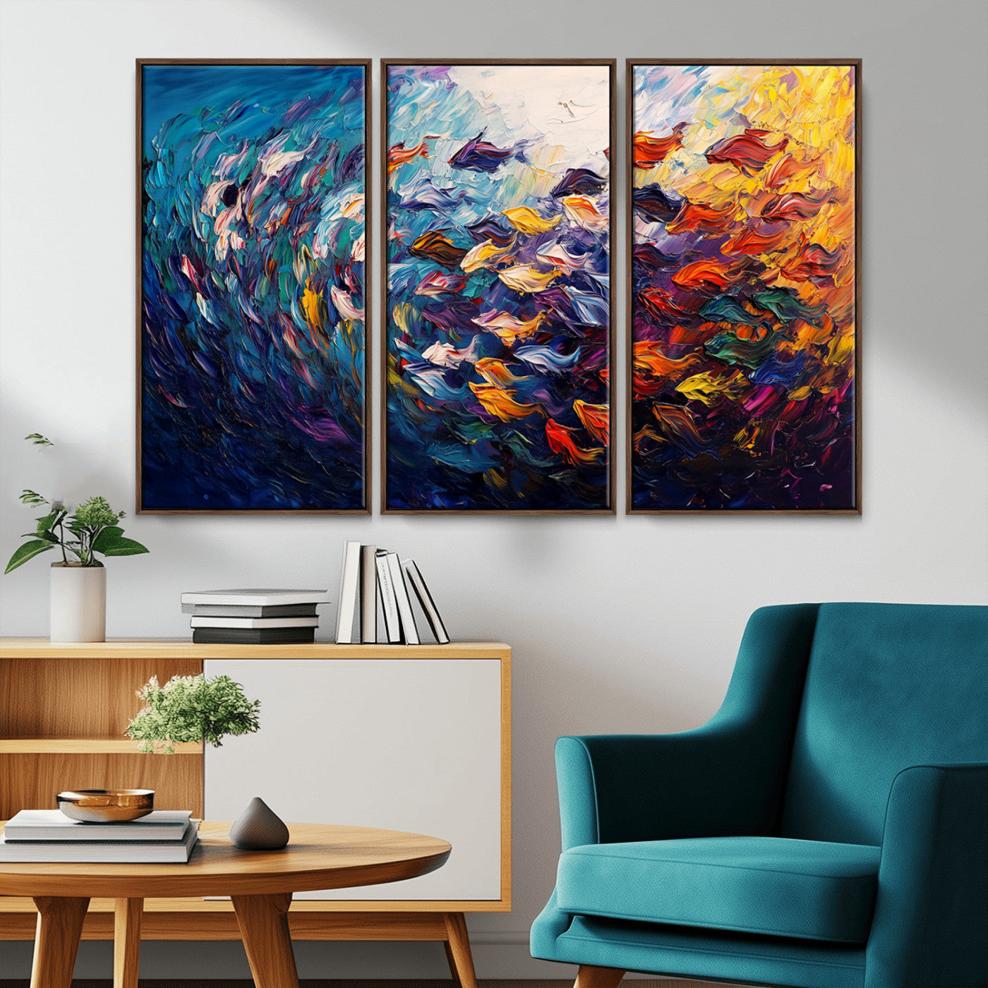 MGV-FC-48X32-3P - Vibrant Abstract Fish Swarm Art – Colorful Fish Inspired 3-Piece Canvas Wall Art for Living Room or