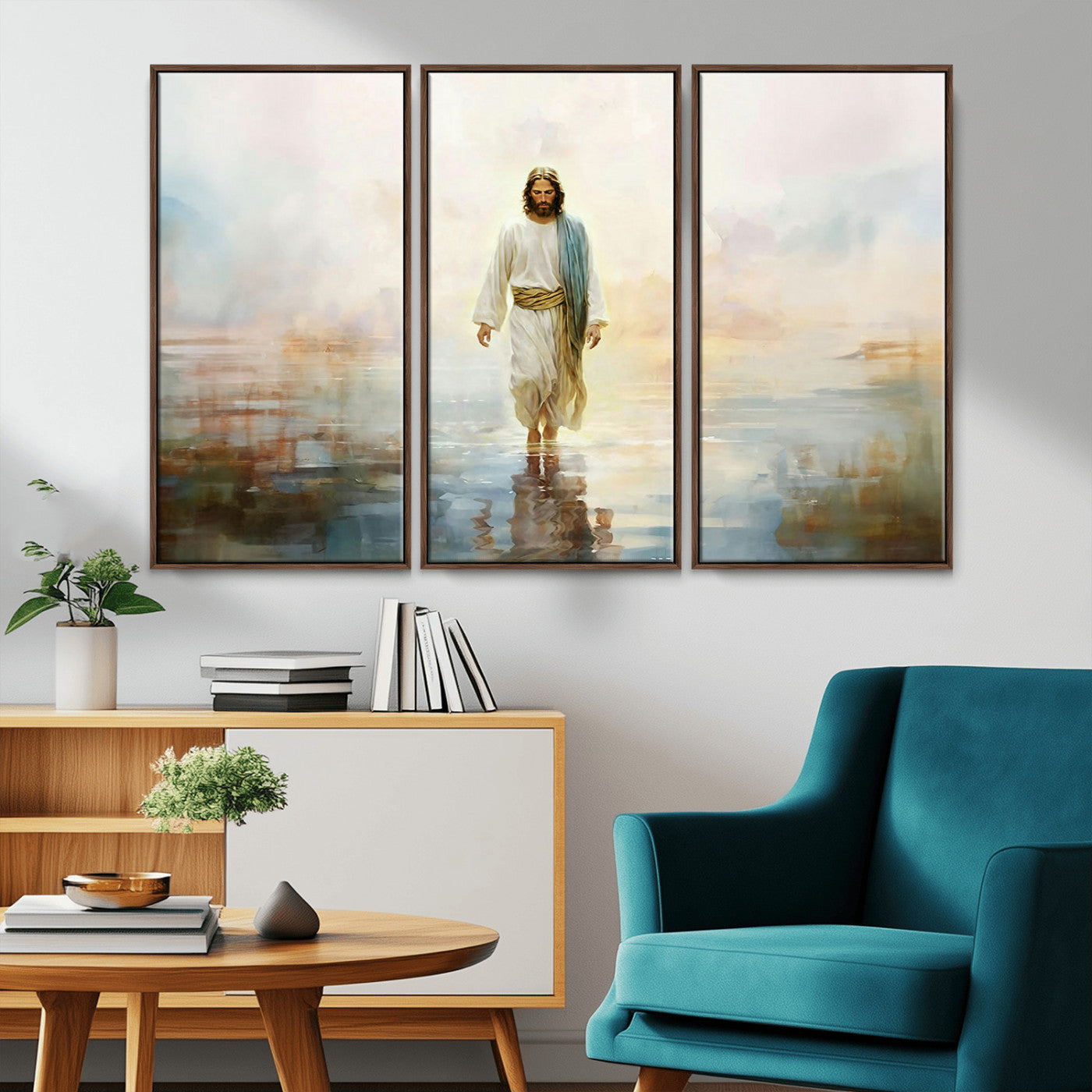 MGV-FC-48X32-3P - Framed Jesus Walking on Water Wall Art - 3-Panel Christian Canvas Prints, Religious Artwork for