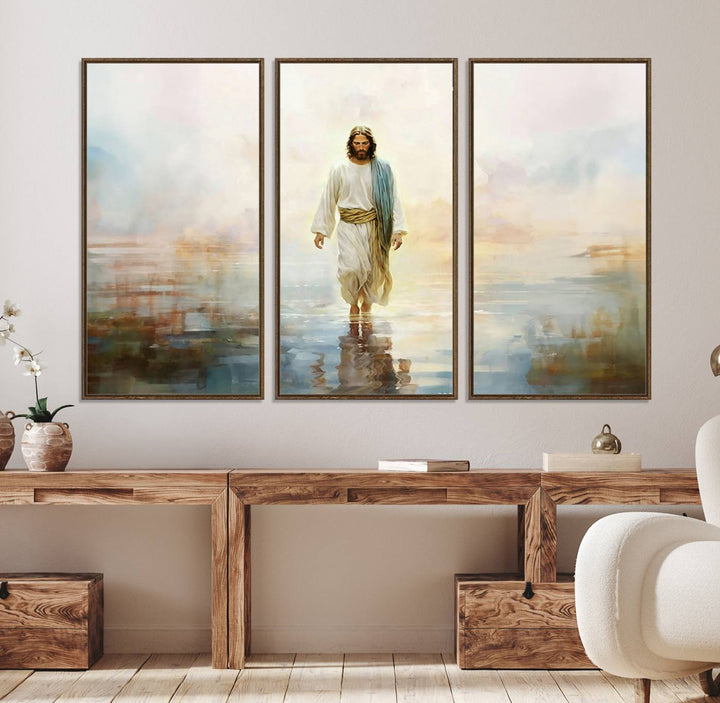 The 3-panel Framed Jesus Walking on Water Wall Art showcases a serene religious scene.