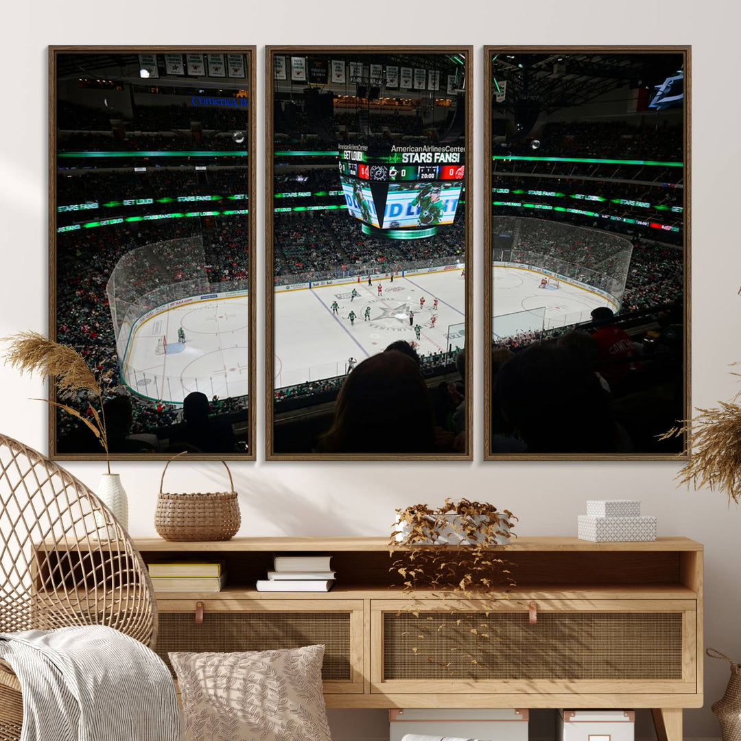 The Dallas Stars Wall Art Canvas Print is as clear as the scoreboard stats at a hockey game in a large arena with bright lights.