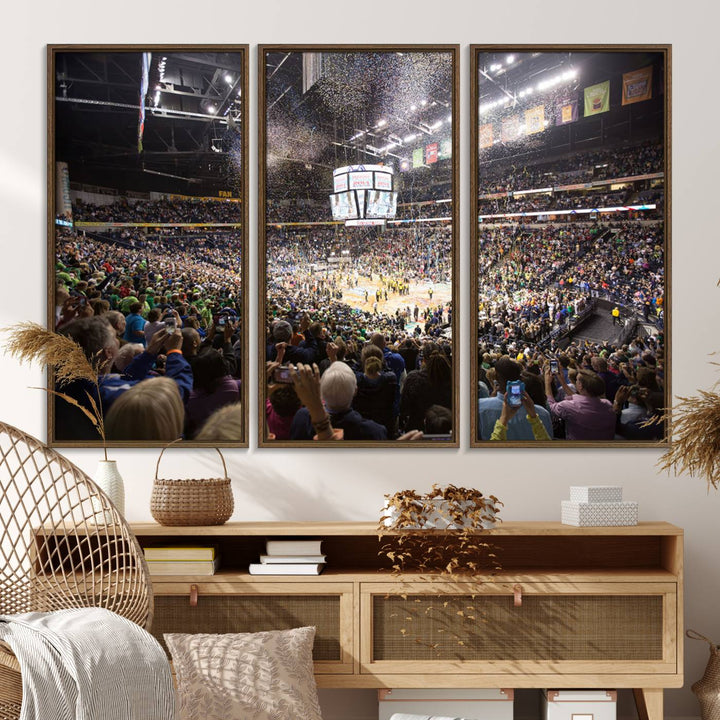 Our ready-to-hang canvas print captures the vibrant scene of the Bridgestone Arena illuminated with fans and confetti.