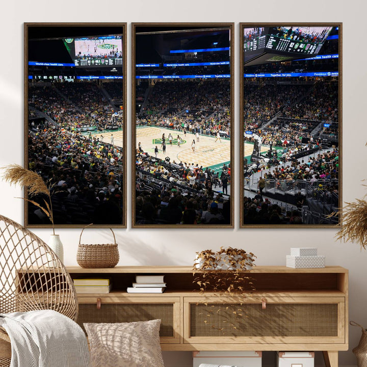 The Canvas Print of Climate Pledge Arena featuring the Seattle Kraken enhances a living room wall.