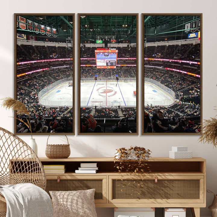 The wall art of the Honda Center California Anaheim Ducks Ice Hockey Stadium features a depiction of the rink and scoreboard from the perspective of the upper deck.