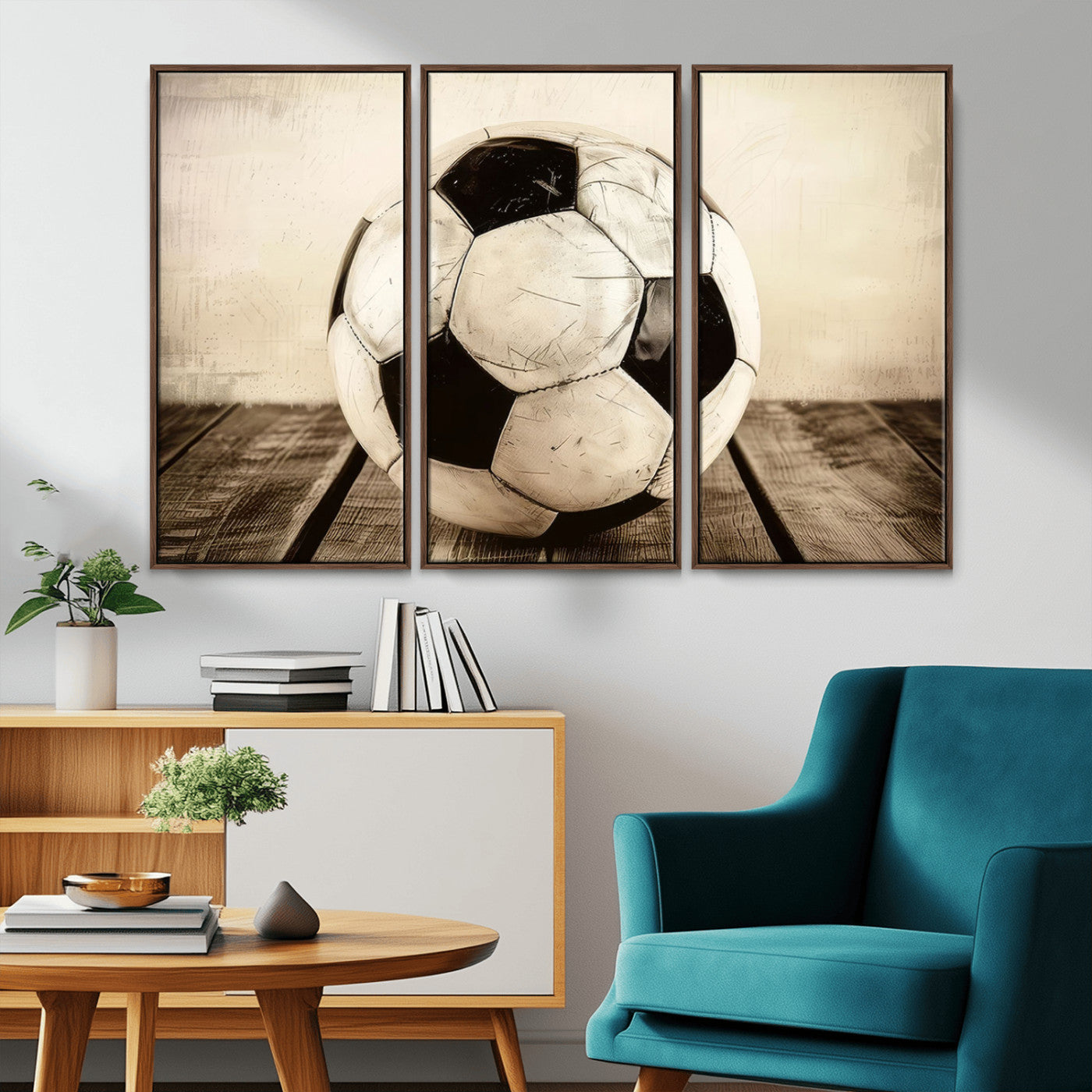 MGV-FC-48X32-3P - Vintage Soccer Ball Wall Decor Canvas Art – 3-Panel Soccer Wall Decor, Framed and Ready to Hang