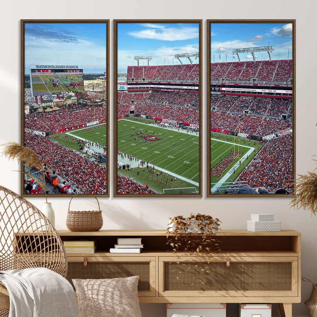 The Florida Tampa Raymond James Stadium Wall Art Canvas Print is featured above the cabinet.