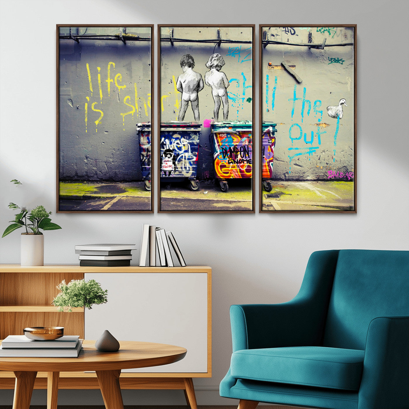 MGV-FC-48X32-3P - Banksy Life is Short Wall Art - Iconic Graffiti Art on Framed Ready-to-Hang Canvas - Street Art