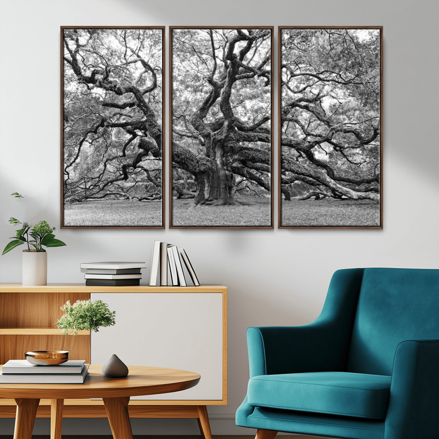 MGV-FC-48X32-3P - Black White Angel Oak Tree Wall Art - Timeless Nature-Inspired Canvas for Rustic, Modern, or