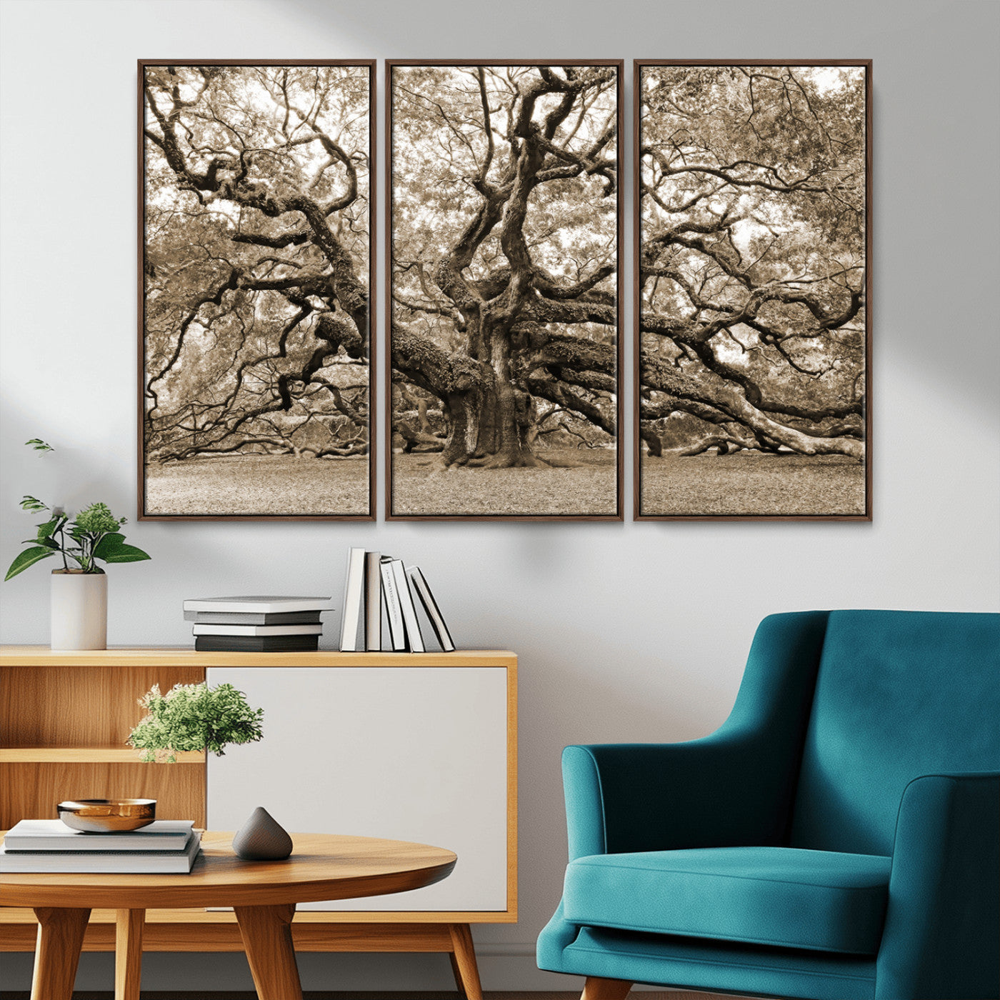 51126-MGV-CV-36X24-Sepia Framed Angel Oak Tree Wall Art - 3-Panel Canvas Prints, Large Green Nature Artwork, Ready to
