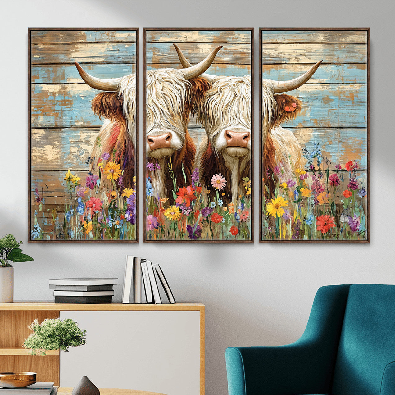 36972-MGV-CV-36X24 - Cute Highland Cow Canvas Wall Art - Rustic Farmhouse Decor with Colorful Flowers Perfect Wall Art