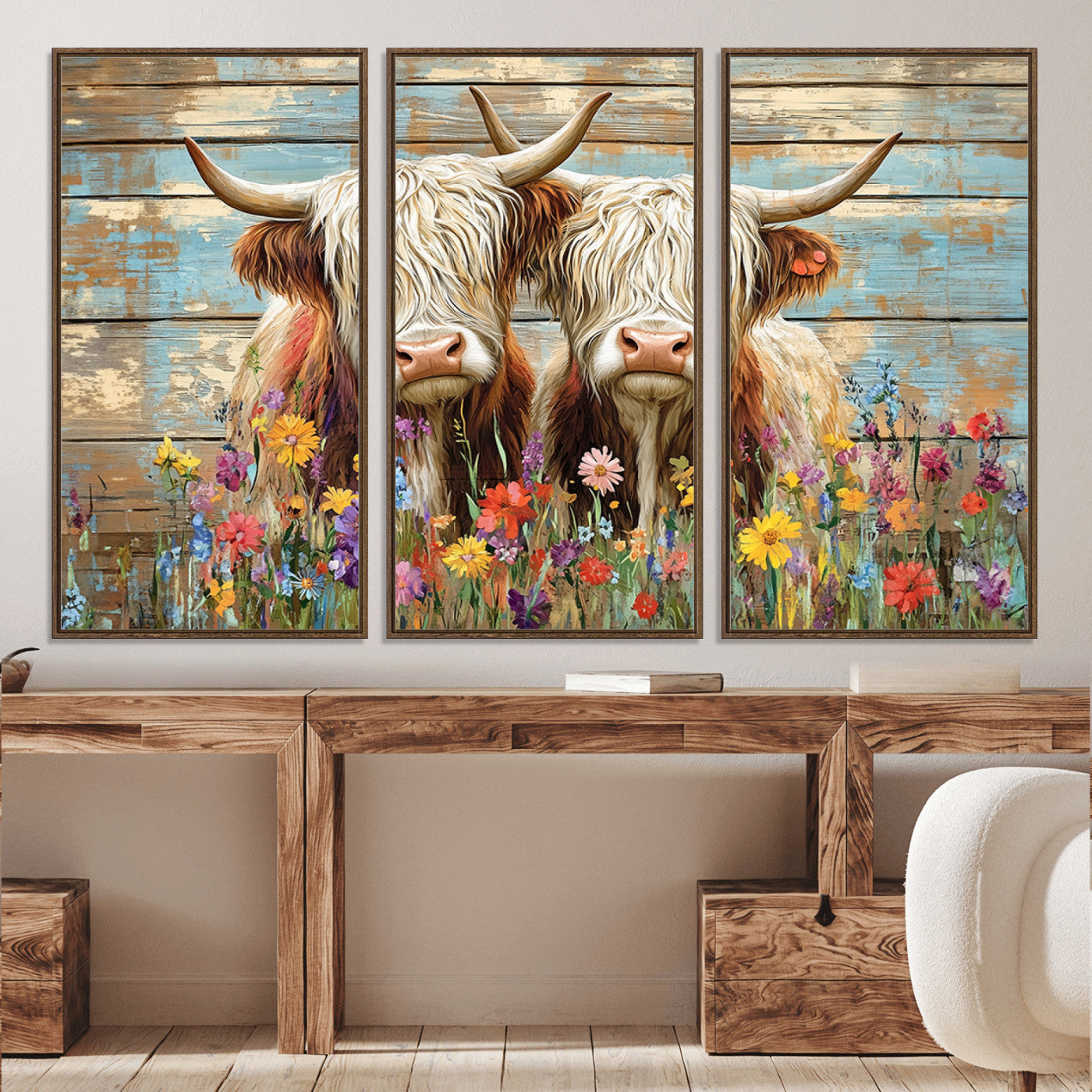 36972-MGV-FC-60X40-3P_Walnut-Cute Highland Cow Canvas Wall Art - Rustic Farmhouse Decor with Colorful Flowers Perfect Wall Art for Home