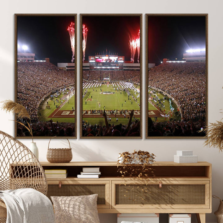 A vibrant wall art piece of the Florida State Seminoles sets a lively tone, depicting scenes filled with energy and celebration.