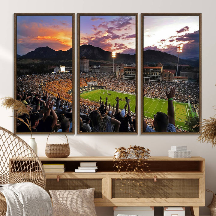 The Folsom Field Stadium Print beautifully captures the Colorado Buffaloes stadium at sunset, set against a stunning mountain backdrop.