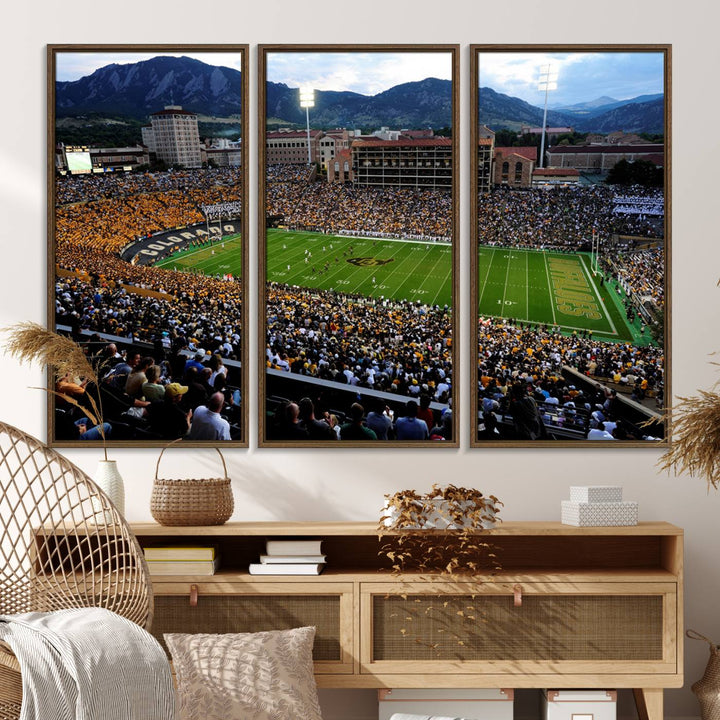 A canvas print captures the Colorado Buffaloes at Folsom Field, framed by mountains in the background.
