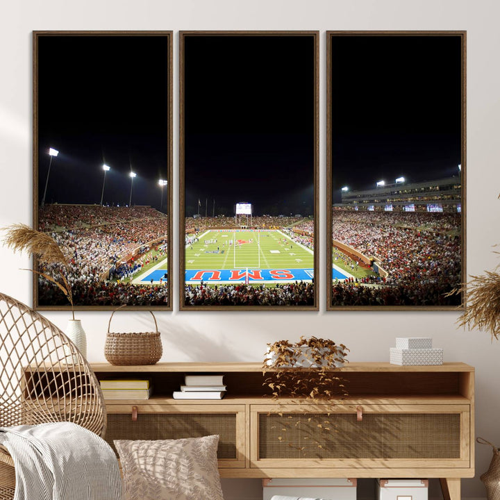 Wide-angle view of a vibrant painting depicting SMU Mustangs Football at Dallas Gerald J. Ford Stadium, capturing the energy and excitement of a filled stadium and brightly lit field.