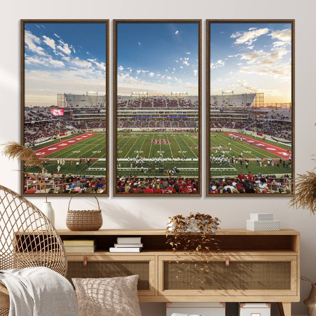 A Houston Cougars print of TDECU Stadium with a game crowd beautifully enhances the living room decor.